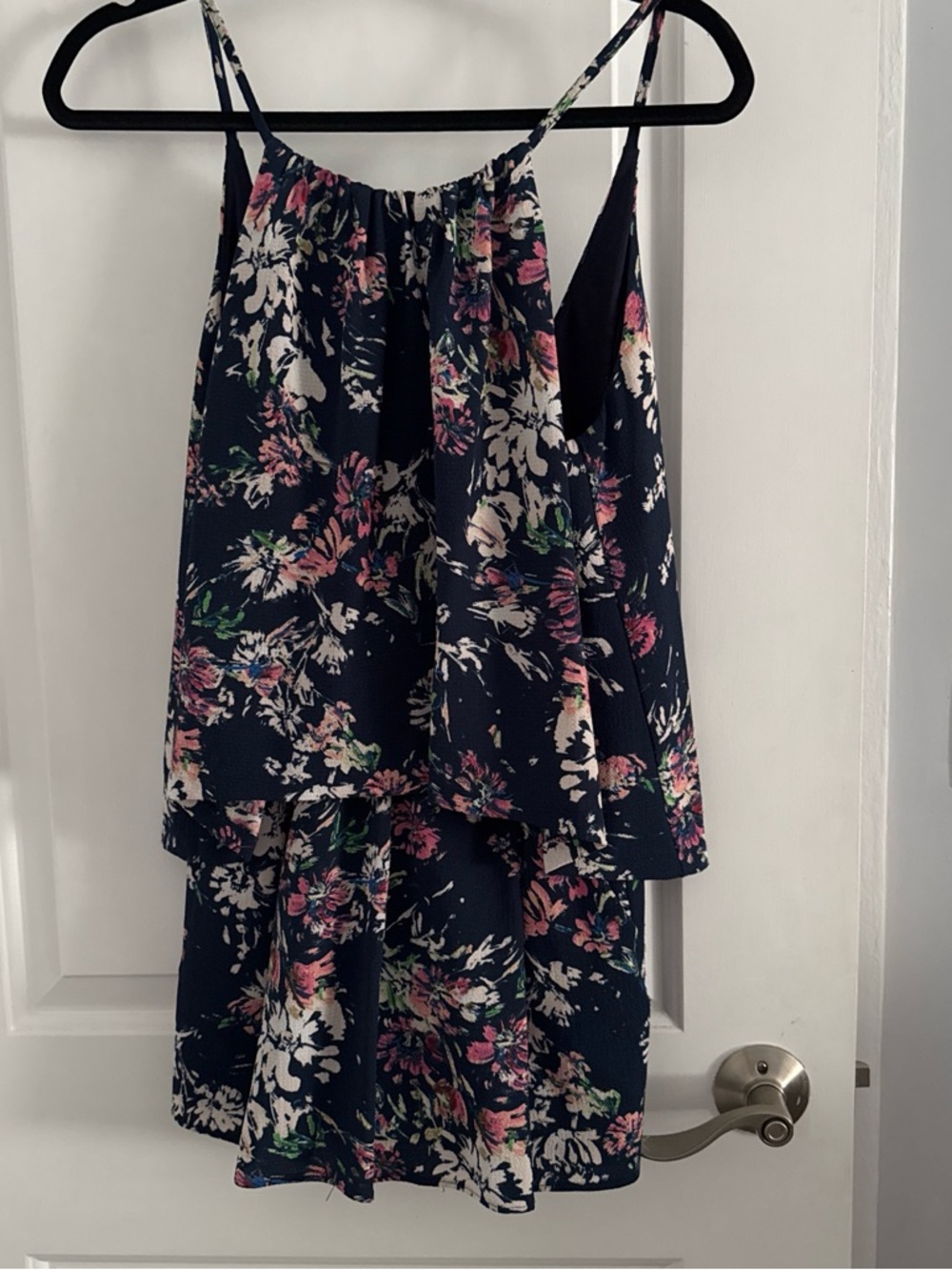 Aqua Navy Floral Tiered Romper with Pink, White & Green Print